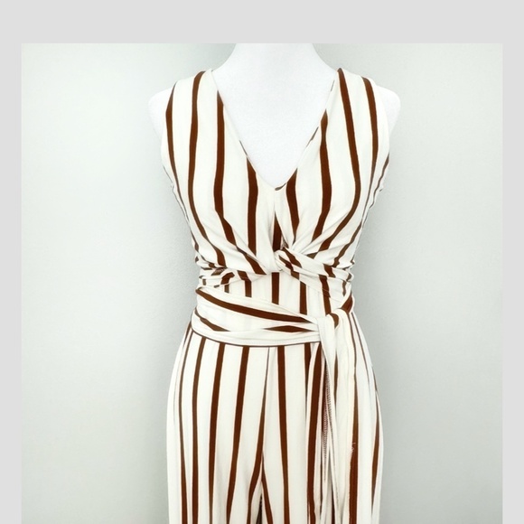 Bershka Anthropologie Jumpsuit Brown White Stripe Convertible Belted Cropped Leg - Picture 7 of 16